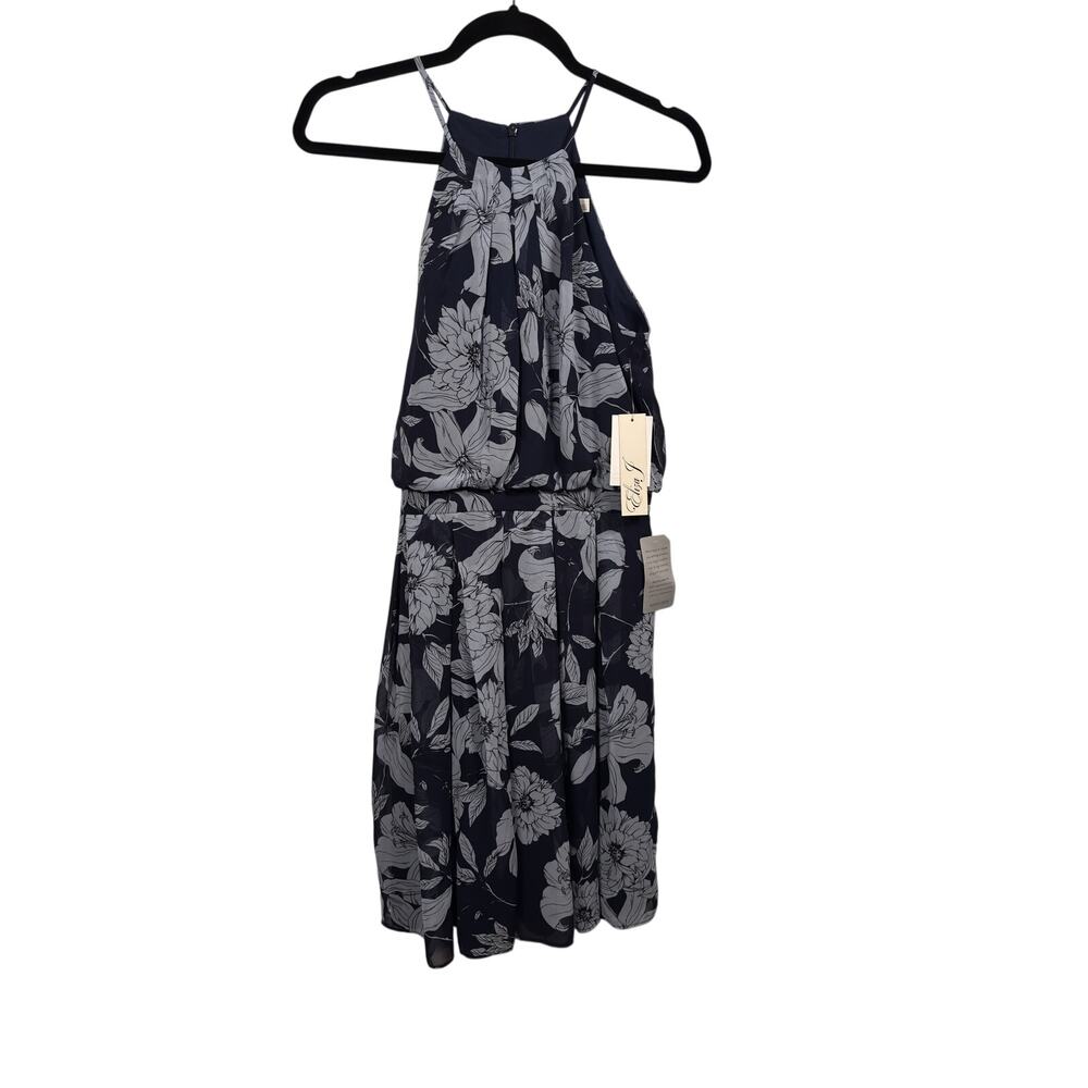 Eliza J Dress Womens 4 Navy Floral Halter Cocktail Blouson Pleated Mini NWT